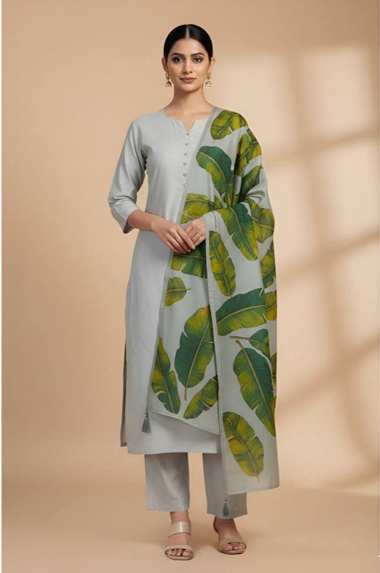 Pakistani Suit – Plain Solid 3-Piece Set with Tropical Leaf Printed Dupatta