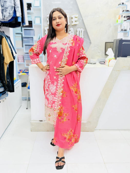 পাকিস্তানি চিকনকারি এমব্রয়ডারি ও ফ্লোরাল প্রিন্টেড থ্রি-পিস সালোয়ার