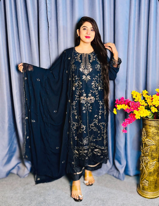Sana Safinaz Navy Blue Embroidered 3-Piece Salwar Kameez Suit