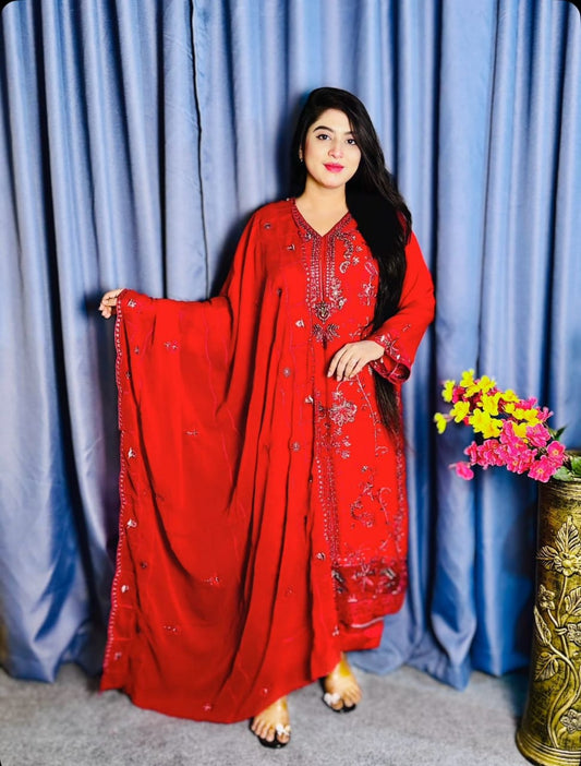 Sana Safinaz Bright Red Chikankari Style 3PC Pakistani Suit