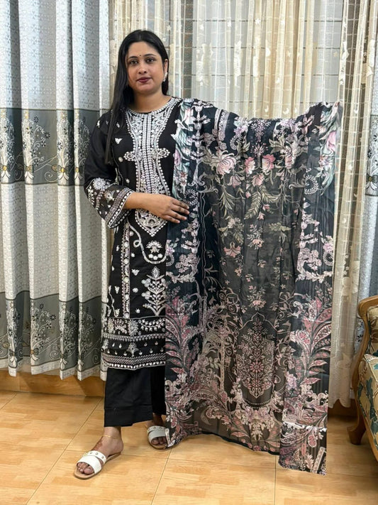 Luxury Black Anarkali Style Shalwar Kameez Set | Heavy Mirror & Floral Embroidery | Printed Dupatta | Eid Party Festive Wear