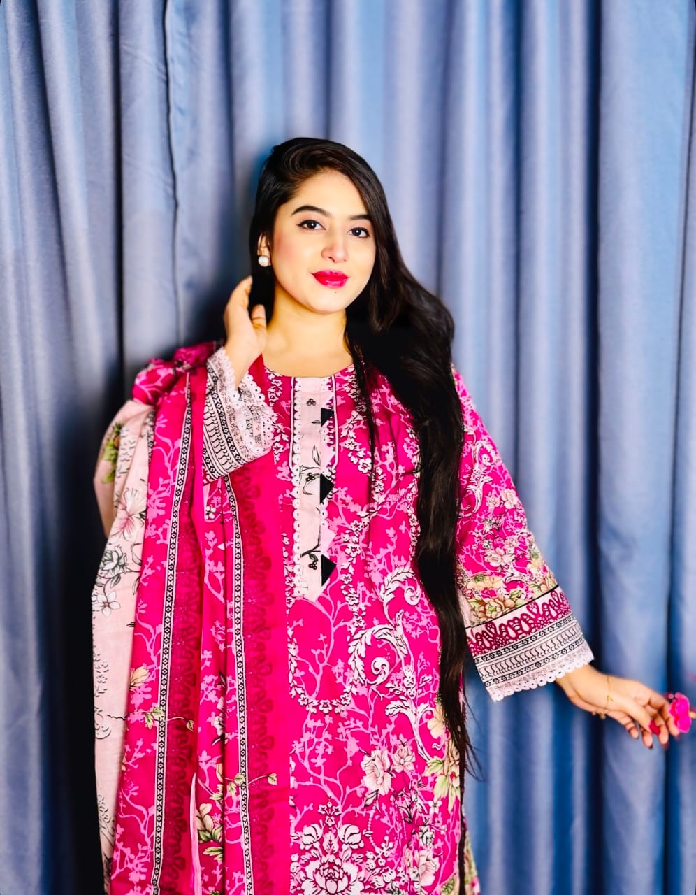 Elegant Hot Pink Printed Lawn Salwar Suit with Dupatta | Floral Motif Kameez Shalwar Set | Eid Festive Wear for Women