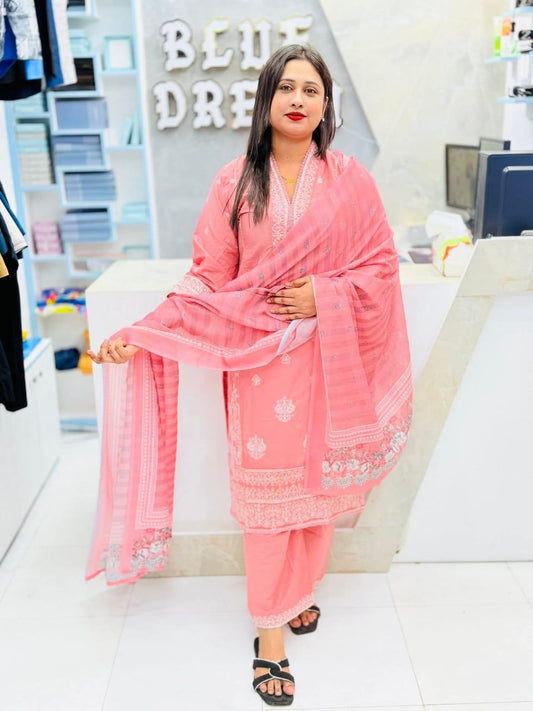 Pastel Pink Lawn Embroidered Salwar Kameez Dupatta Set - Luxury Pret Inspired