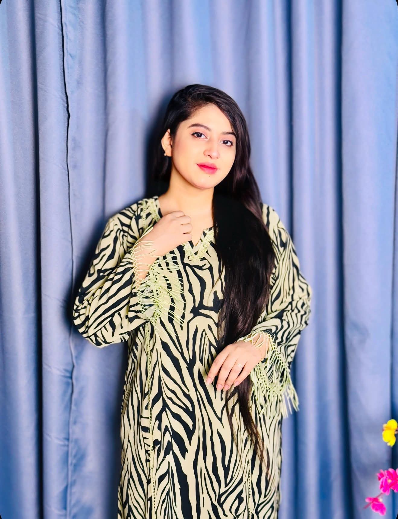 Animal Print Beige-Black Co-ord Set Lime Fringe Dupatta - Trendy Ethnic Coords