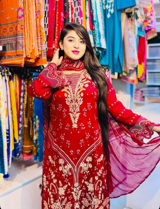 Sana Safinaz Inspired Luxury Red Embroidered 3-Piece Pakistani Suit